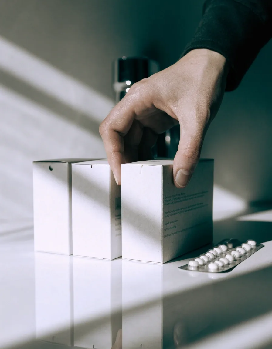 Set of unlabelled supplement boxes and a blister strip arranged on a table